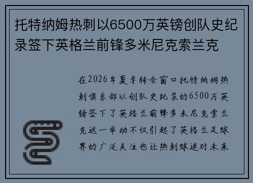 托特纳姆热刺以6500万英镑创队史纪录签下英格兰前锋多米尼克索兰克